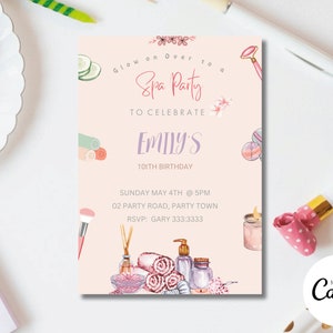 Editable Spa Birthday Invitation, Glam Slumber Party Invite, Printable Makeup Spa Party Template Instant Download Girls Sleepover Invite X21