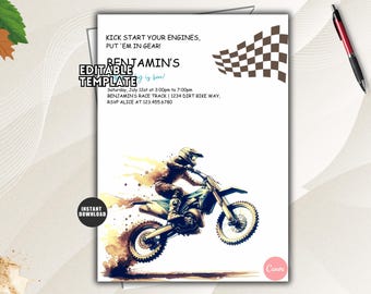 Pode incluir: Um modelo de convite retangular branco com uma bandeira xadrez castanha, uma ilustração em aguarela de uma pessoa numa mota de cross e texto incluindo KICK START YOUR ENGINES, PUT 'EM IN GEAR, BENJAMIN'S e detalhes do evento.