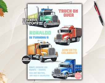 Semi Truck Birthday Invitation, Colorful Big Rig 18 Wheeler Party, Editable Digital Template