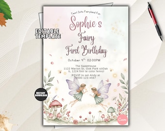 May include: A rectangular invitation template featuring watercolor illustrations of two fairies, mushrooms, and foliage. The text reads: Twirl Into Fairyland Fun, Sophie's Fairy First Birthday, October 4th, 02:00PM, The SweetHouse, 1122 Marion St, Oak Park sitOak, IL 1224.