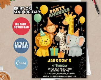 Jungle Safari Birthday Invitation, Party Animals Template (Digital Download)