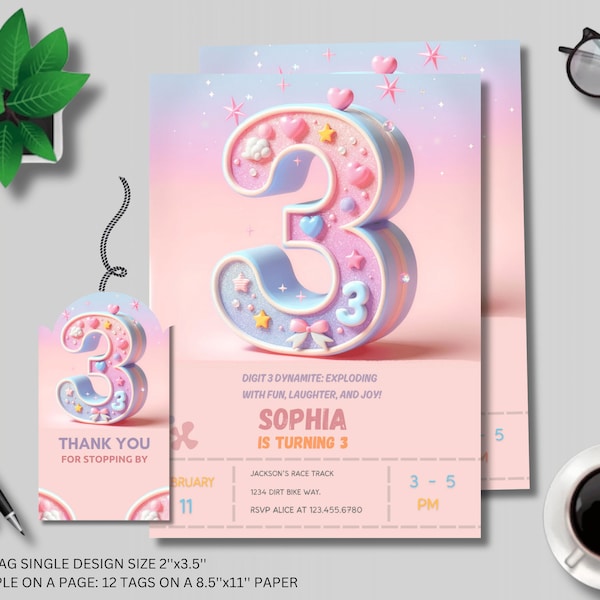 3rd Birthday Invitation Pastel Pink Third Birthday Party Invite, Blush Pink Glitter Editable Invitation Cute Baby Girl Turning Three Invite