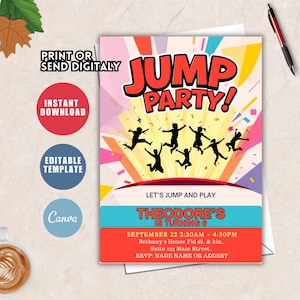 Könnte beinhalten: Eine farbenfrohe Einladung für eine "Jump Party!" mit einem dynamischen Design von springenden Silhouetten und dem Text "Theodore's is turning 6." Enthält Eventdetails und die Option zum Drucken oder digitalen Versenden.
