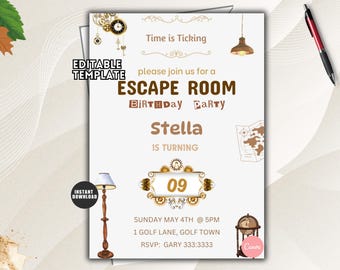 Invitación de cumpleaños editable para una chica de Escape Room, fiesta misteriosa (digital)