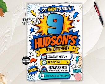 9th Birthday Invitation for Boys, Number 9 Party Invite, Comic Kids Birthday Canva Template