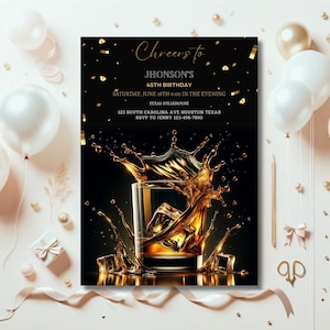 Whiskey Birthday Invitation, Surprise Party Adult, 30th 40th 50th Any Age, Cognac Scotch Liquor, Canva Editable Adult Men Birthday Invite