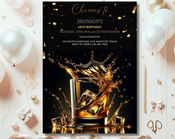 Invitación de cumpleaños con whisky, licor escocés, plantilla editable (Canva)