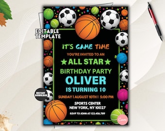 Peut inclure: Un modèle d'invitation d'anniversaire rectangulaire sur fond noir avec des ballons de sport colorés, notamment des ballons de basket et de football. Le texte indique IT'S GAME TIME, ALL STAR BIRTHDAY PARTY, OLIVER IS TURNING 10, AUGUST 10TH, 5:00 PM.