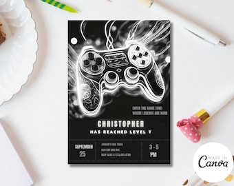 Inbjudan till arkadspelarfödelsedag, redigerbar spelfestinbjudan (digital nedladdning)