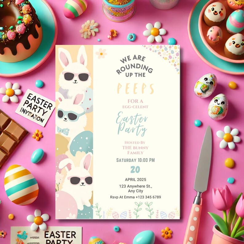 Planning an Easter Party? This EDITABLE Easter Egg Hunt Invitation is a must-have! Featuring a playful Easter Bunny and gold Easter egg, this Peeps Invitation is fully customizable. Instantly download and print your personalized Easter Party Invite. Share the love and excitement of the season with this charming, easy-to-use template!