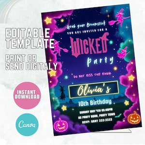 Böse-inspirierte Geburtstagseinladung, Gute Hexe & Böse Hexe Party, Verzauberte Grün Rosa Kinokarte, Magisches Funkeln Thema Canva Vorlage