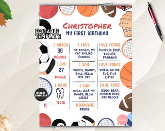Afdrukbaar bord sport eerste verjaardag mijlpaalbord, All Star-verjaardagsposter