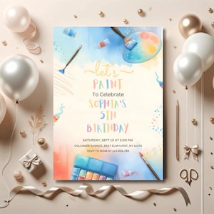 Editable Art Birthday Party Invitation, Painting Party Birthday Invite, Rainbow Watercolor art Painting, Lets Paint and Celebrate Evite, Y78