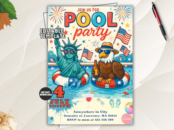 4th of July Pool Party Invitation, Patriotic Invite (Editable Template)