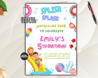 Splish Splash Pool Birthday Invitation, Slide SummerParty  Template