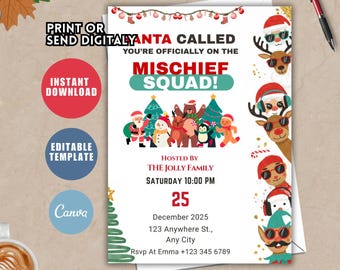 Santa Called Christmas Party Invitation, Editable Holiday Template (Digital Download)