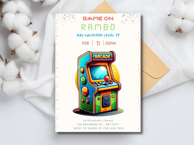 Transport your guests to the golden age of gaming with our Arcade Birthday Party Invitation! Featuring retro neon design, its perfect for girls gaming parties. Download now and start the fun!