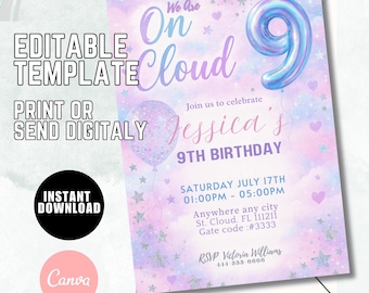 May include: A pastel-colored birthday invitation with the text "We Are On Cloud 9" and "Jessica's 9th Birthday." The design includes a balloon shaped like the number 9, stars, and hearts. The invitation is an editable template.