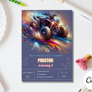 Faire-part d'anniversaire modifiable néon quad, 4 roues invitation, faire-part d'anniversaire phosphorescent quad tout-terrain tout-terrain lueur quad téléchargement V7