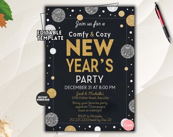 Könnte beinhalten: Eine schwarze Neujahrsparty-Einladungsvorlage mit goldenen und silbernen Glitzerkreisen, weißen Punkten und dem Text Join us for a Comfy & Cozy NEW YEAR'S PARTY, DECEMBER 31 AT 8:00 PM, Jack & Michelle's, 2755 Fisher Road, Bayville.