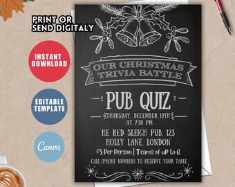 Christmas Trivia Night Invitation, Editable Holiday Pub Quiz (Digital Download)