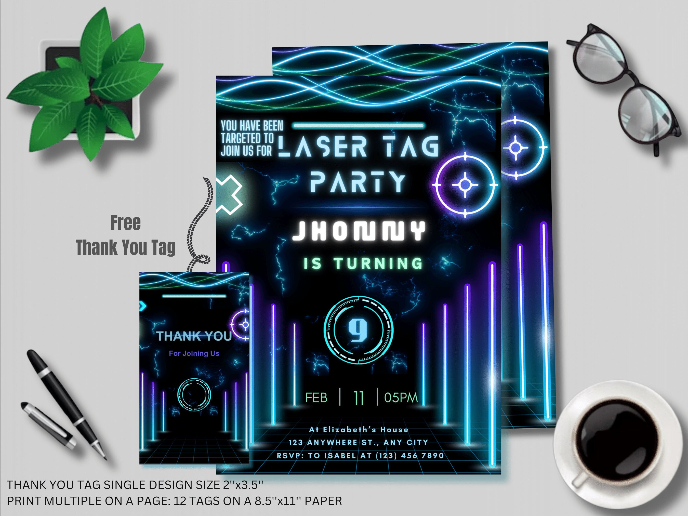 EDITABLE Laser Tag Birthday Invitation, Laser Tag Party Invitation Template, Neon Glow Laser Tag, Boy Birthday Party Instant Download