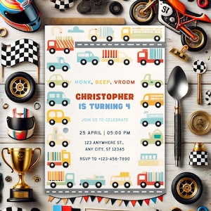 Transportation Birthday Invitation Template, Editable Cars and Trucks Birthday Party Invite, Transportation Vehicles Instant Download L10
