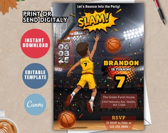Basketball Birthday Invitation, Sports Theme, Editable Canva (Digital Download)