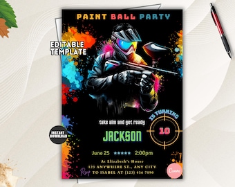 Paintball Birthday Invitation, Teen Boys Battle Party with Paint Splatter Editable Template