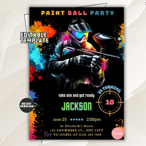 Paintball Birthday Invitation, Teen Boys Battle Party with Paint Splatter Editable Template