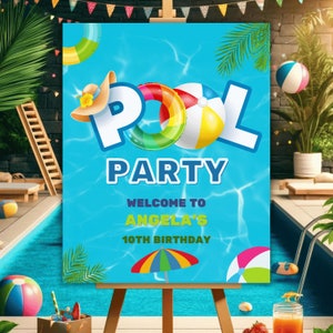 Panneau de bienvenue modifiable pour la fête au bord de la piscine, panneau personnalisé Splish Splash tropical, affiche de fête au bord de la piscine girly téléchargement immédiat