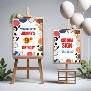 Editable Sports Birthday Welcome Sign, All Star Sports Birthday Party Welcome Poster Basketball Football Soccer Sign Template Download, W4