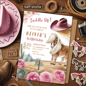 Pink Cowgirl Birthday Invitation, Country Western Invite, Cowgirl Hoedown Birthday Party Invite, Glam Invitation, Editable Canva Template B4