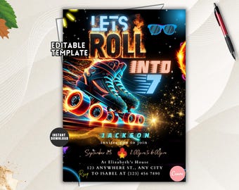 Roller Skating Glow Party Invitation, Neon Skate Birthday Template