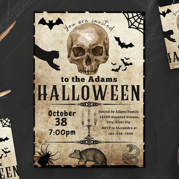 Scary Vintage Halloween Party Invitation Card Spooky Skull Invite for Adult Costume Party - Scary Halloween Printable Digital Download