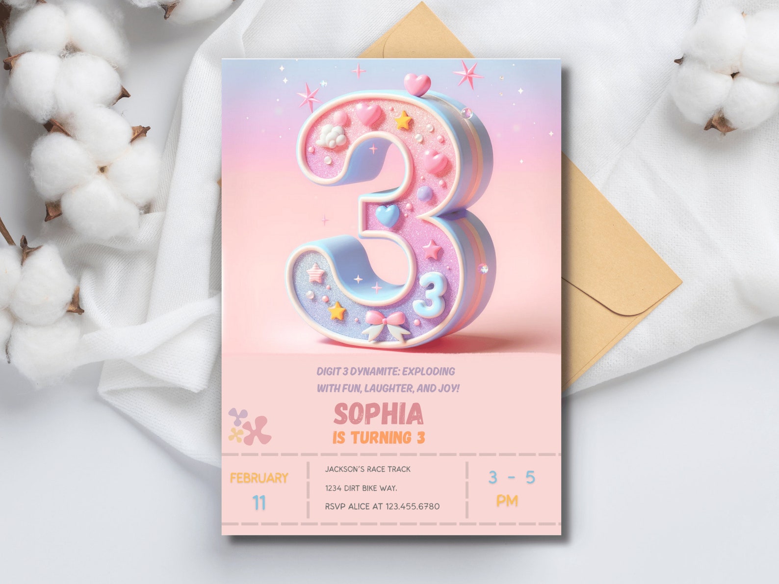 Pastel Pink 3rd Birthday Invitation, Blush Glitter (digital Download ...