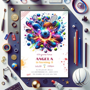 Modelo de convite de aniversário esportivo, convite esportivo, convite esportivo All Star, convite para beisebol, basquete e futebol americano, tema esportivo, Canva