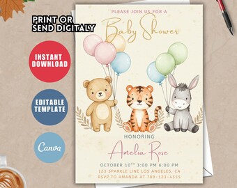 Jungle Baby Shower Invitation, Safari Animals, Editable Template