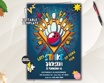 Op de afbeelding: Een rechthoekige uitnodigingssjabloon met een blauwe achtergrond en een centrale afbeelding van een rode bowlingbal die witte kegels raakt. De tekst luidt: LET'S STRIKE UP SOME FUN, JACKSON IS TURNING 10, SATURDAY-16-NOVEMBER, 123 ANYWHERE ST., ANY CITY, ST 12345, RSVP AT +123-456-7890.