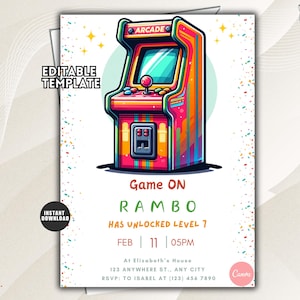 Bearbeitbare Retro Arcade-Geburtstagseinladung, Videospielparty (druckbar)