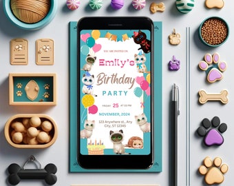 Editable Cat Birthday Invitation, Kitty Phone Invite (Digital Download)