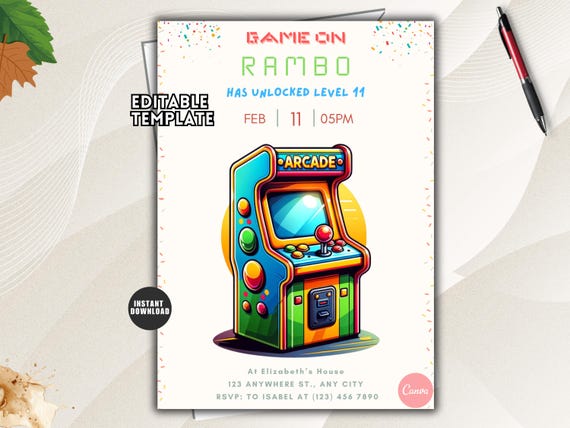 Arcade Birthday Invitation, Retro Video Game Party Invite, Editable Kids Template