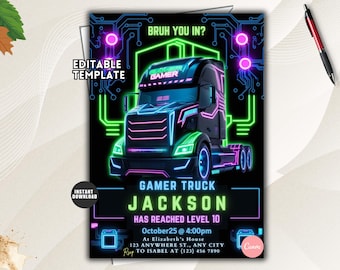 Può includere: Un modello di invito digitale con un autoarticolato nero e accenti di circuiti stampati al neon blu, rosa e verdi. Il testo include BRUH YOU IN?, GAMER TRUCK, JACKSON HAS REACHED LEVEL 10, 25 ottobre alle 16:00 e i dettagli dell'indirizzo.