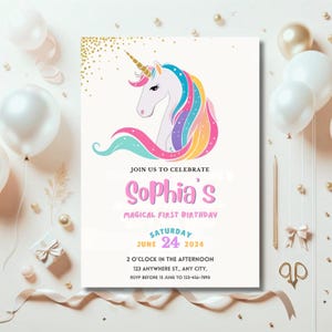 Editable Unicorn Birthday Invitation, Magical Pastel Rainbow Unicorn Birthday Party, Girl Pink Pastel Magical Birthday Instant Download E89