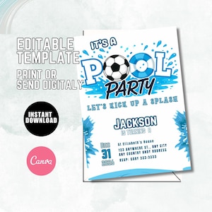 Editable Soccer Pool Party Invitation, Pool Birthday Invitation, Football Birthday Invitation Boy Sports Summer Birthday Instant Download F3