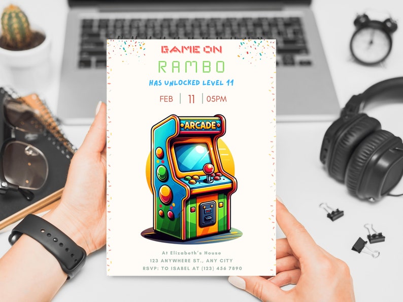 Host a fun neon glow party with this Editable Arcade Birthday Party Invitation. Great for gaming-themed events or minimalist arcade celebrations. Customize this printable template to match your event theme. Instant download makes planning easy. Let us level up the fun.