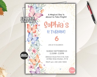 May include: A rectangular birthday invitation template featuring a vertical border of watercolor butterflies and flowers on the left side. The text reads: A Magical Day Is About to Take Flight! Sophia's Is Turning 6. Join us to celebrate, Sunday September 20, 11:30AM - 3:30PM, Bethany's House Fid dl, & kin, Suite 123 Main Street, Brooklyn, NY W, RSVP pat o 456 1283 78900.