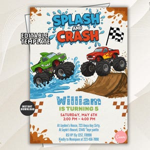 Monster Truck Pool Party Invitation, Splash and Crash (Editable Template)