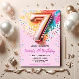 Editable Pink 7th Birthday Invitation Template Glitter Birthday Invite Rainbow Foil Girl Seventh Birthday Invite Instant Download Digital A7