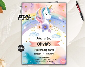May include: A rectangular birthday party invitation template featuring a watercolor unicorn with a rainbow mane, gold horn, and floral accents. The design includes clouds, a sun, stars, and text reading Join us for Olivia's 6th Birthday party.